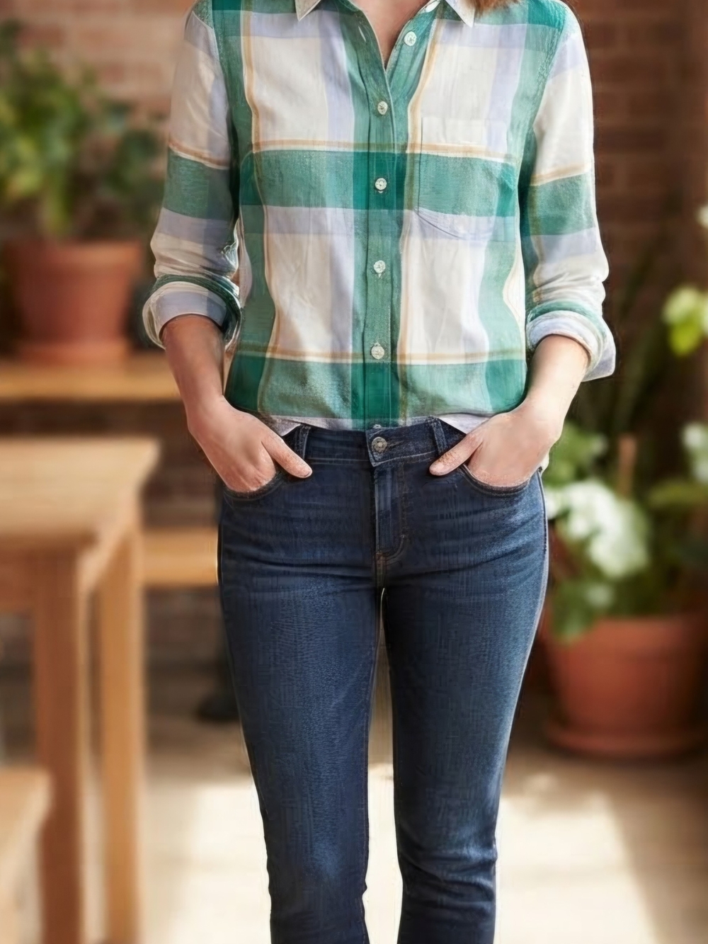 J.CREW Women's Plaid Collared Button-Up Long Sleeve Shirt Small Green Cotton